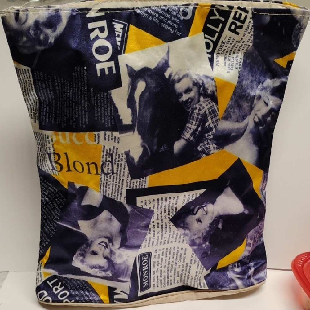 Marilyn Monroe Black Purple Yellow Newspaper Print Tote